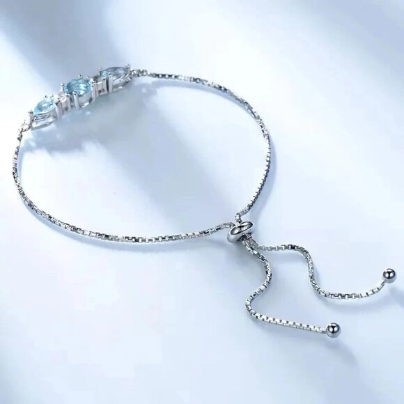 925 Sterling Silver Sky Blue Topaz Tennis Bracelet - Adjustable Fine Jewelry - Picture 5 of 5